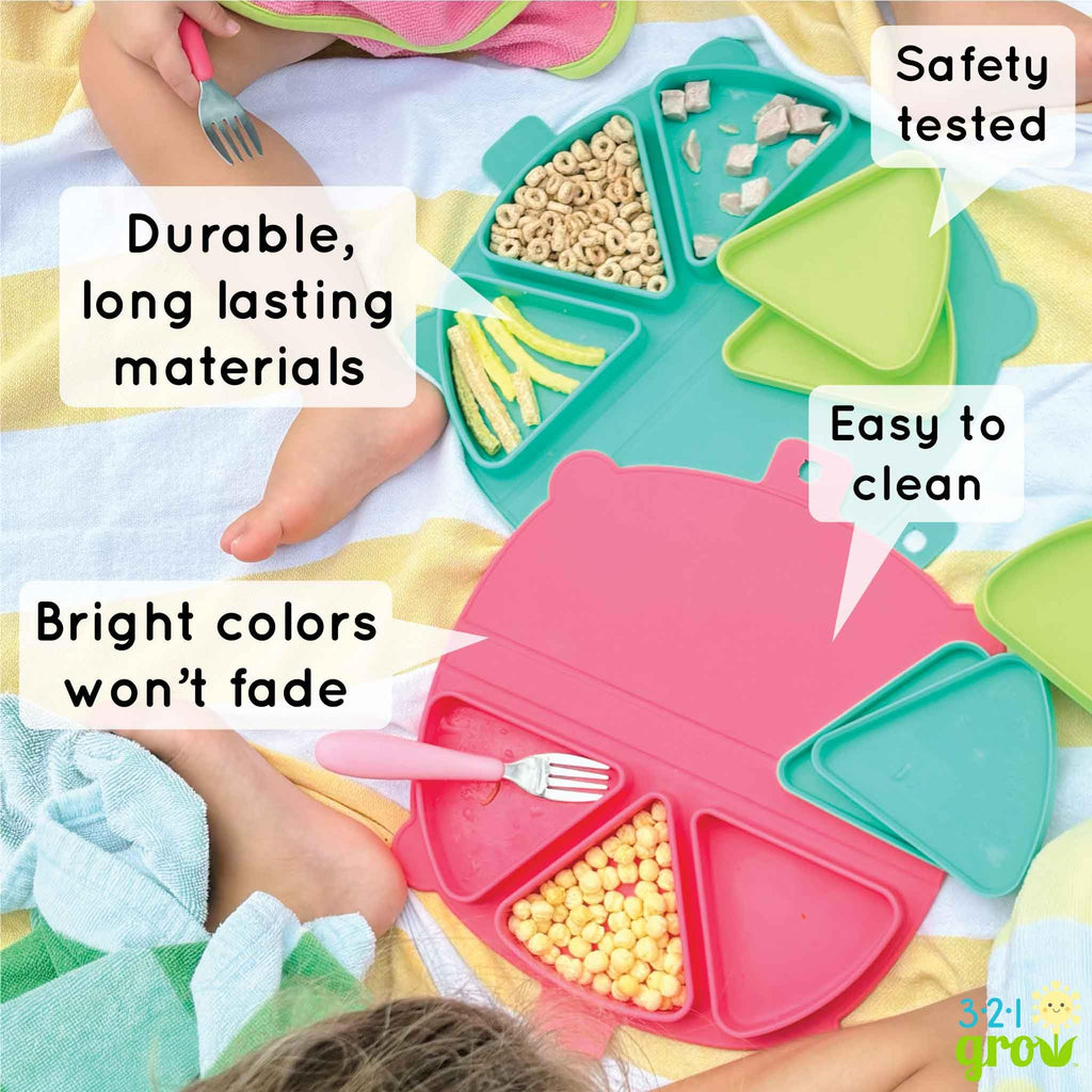 Silicone On-The-Go Snack Mat - Foldable Reusable Placemat with 3 Compartments and Lids - Travel-Friendly Baby and