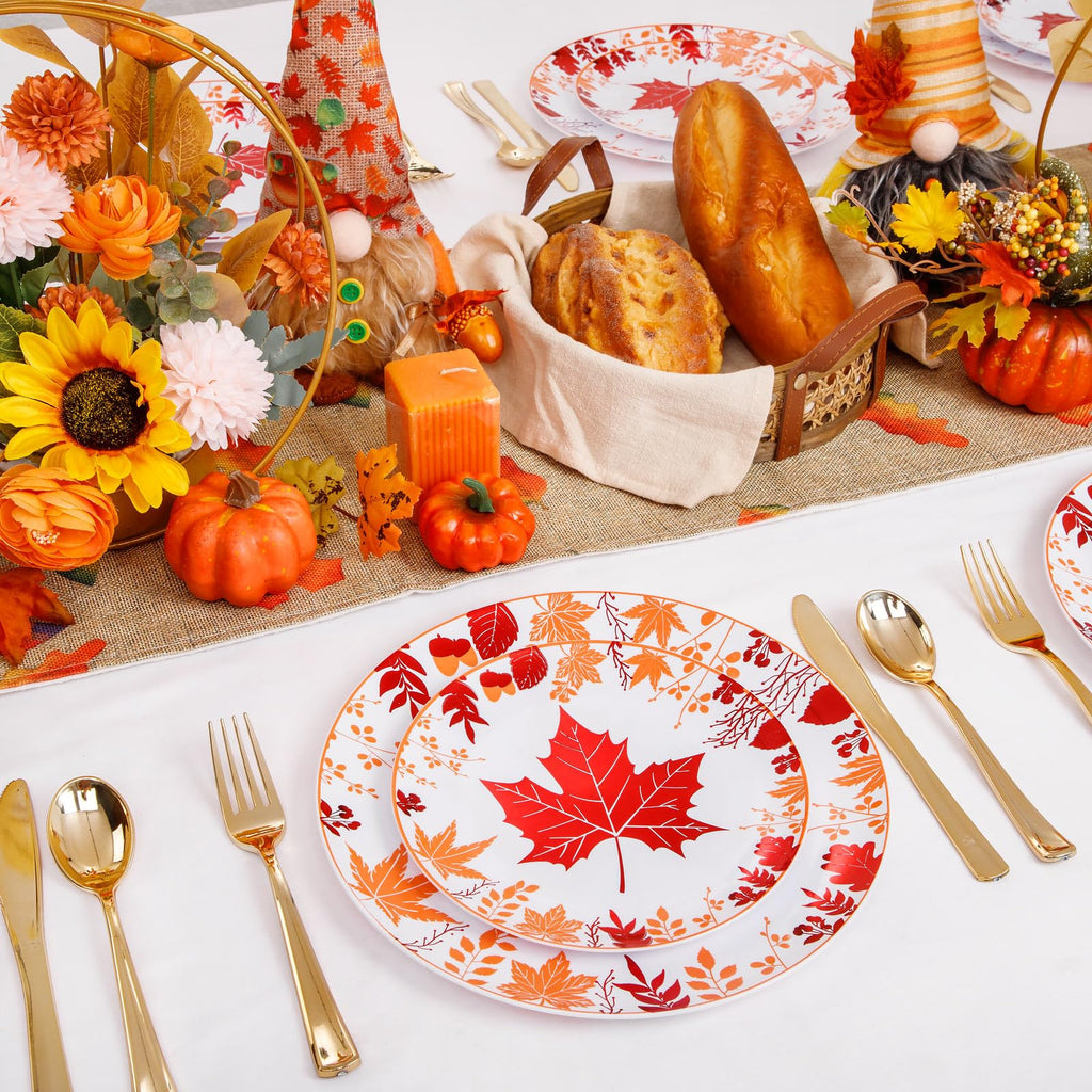 Thanksgiving Plastic Plates- Include 30 Dinner Plates, 30 Dessert Plate, 30 Forks, 30 Gold Spoons, 30 Gold