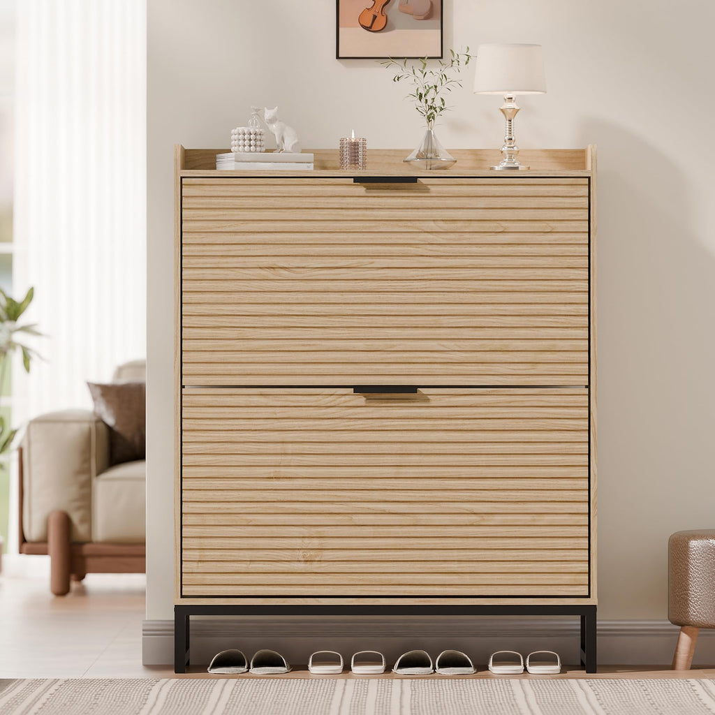 MU Shoe Storage Cabinet with 2 Flip Drawers, Freestanding Fluted Shoe Cabinet, Narrow Wood Shoe Cabinet, Hidden Shoe