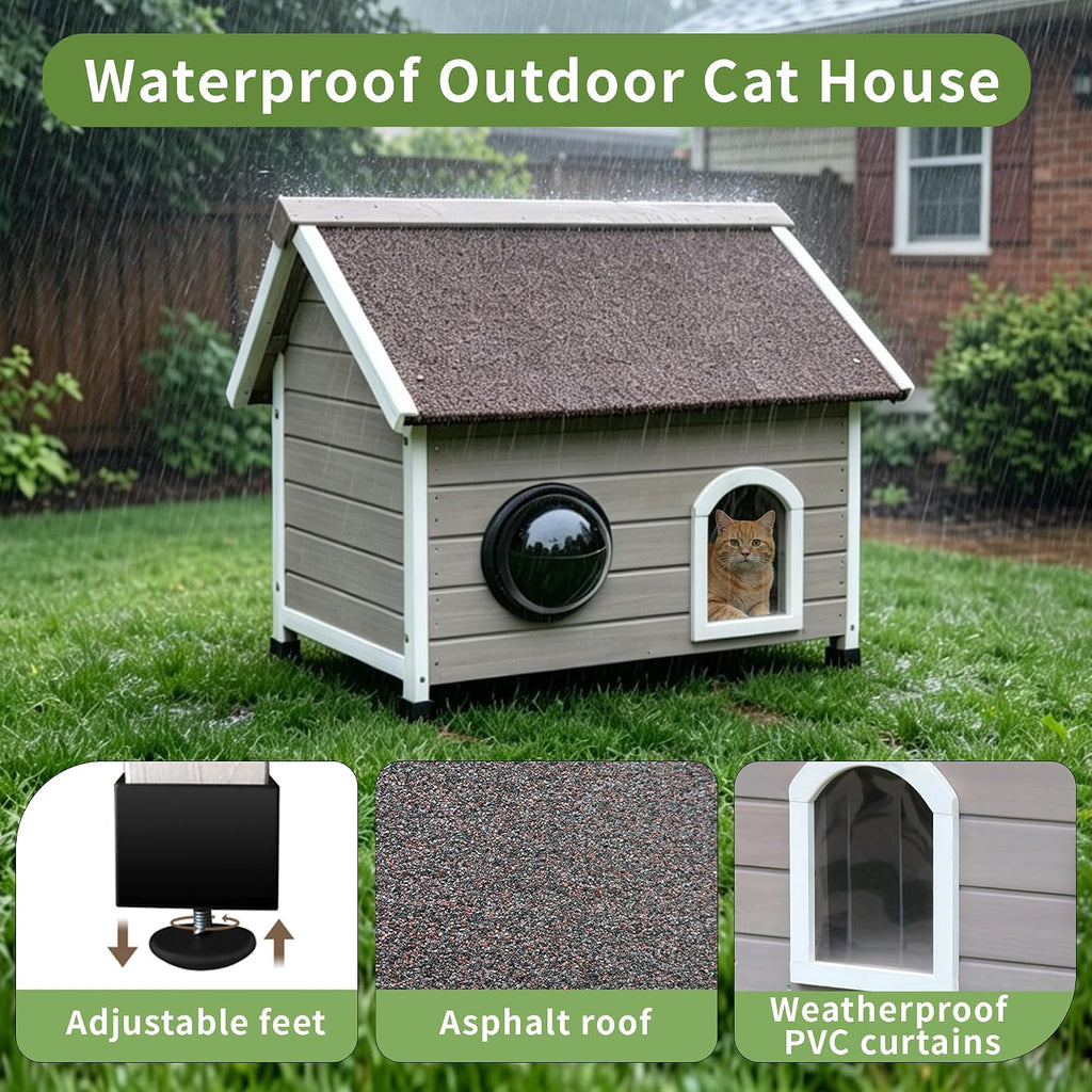 Outdoor Cat House with Escape Door, Wooden Elevated Outside Cat House