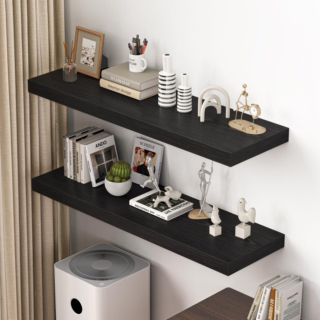 48" Floating Shelves for Wall, 12" Deep Thicker Black Floating Shelves, Wall-Mounted Shelves - Set of 2