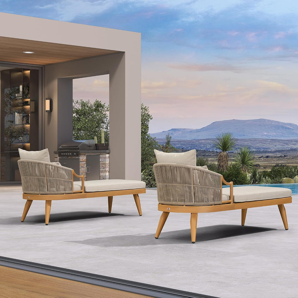 Patio Chaise Lounge Set of 2 with Soft Cushion, Teak | Ergonomic wraparound back, dual-height pillows