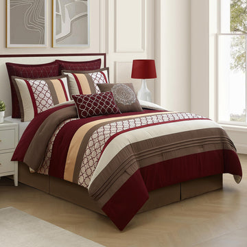 Comforter Set, Berry Taupe Bedding Set, Jacquard Woven with Embroidery, 8 Pieces Bed in a Bag, Bed Skirt, Shams