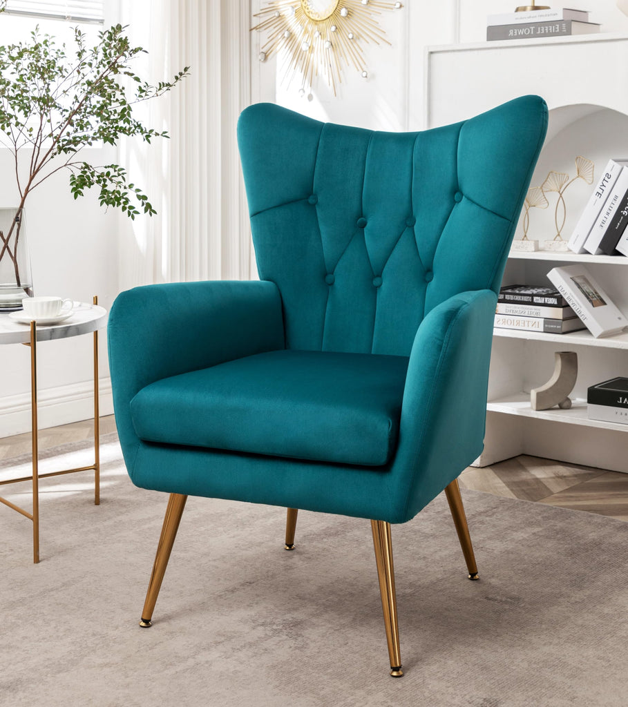 Modern Chic Mid-Century Velvet Accent Armchair, or Home Office, Button-Tufted Wingback Design with Gold Flared Legs