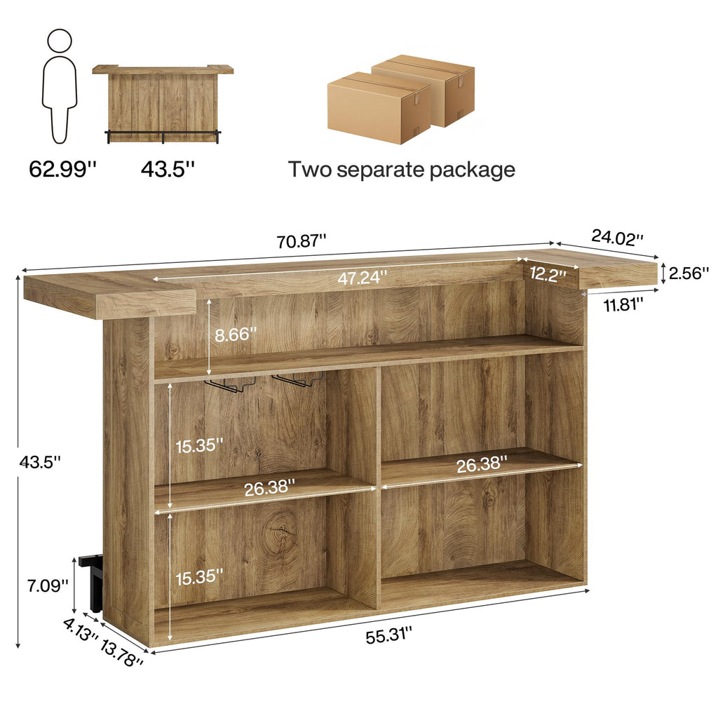 70.9" Large Bar Table with Storage, Wooden Home Bar Unit