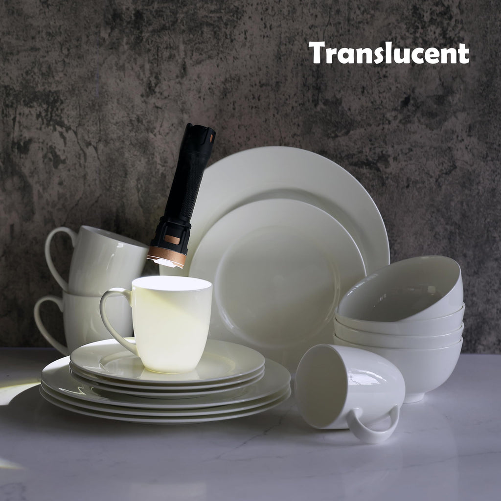 Bone China 16 Piece Dinnerware Set, Service for 4, White, Microwave Safe, Dishwasher Safe,Chip Resistant