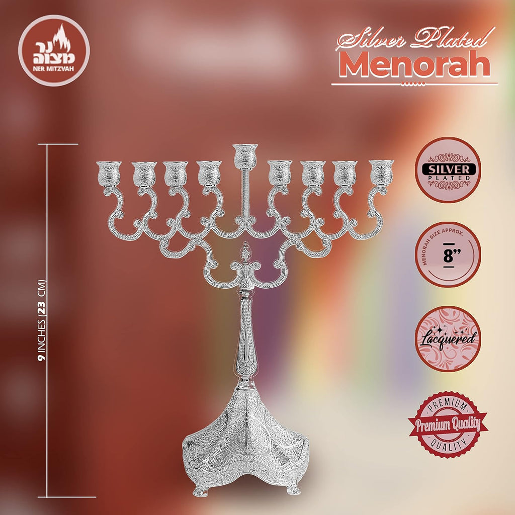 Silver Plated Candle - Fits All Standard Hanukkah Candles - Curved Branches - Embossed Design - 8" High x 6.5" Wide
