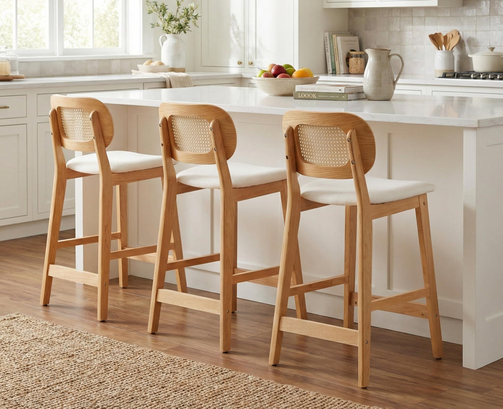 Rattan Counter Height Bar Stools Set of 3 Modern Farmhouse Barstools with Cane Backs 26 Inch Wood Counter Stool