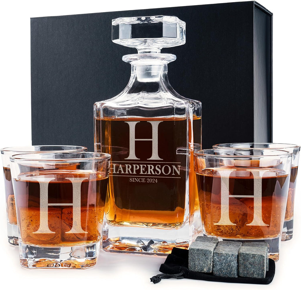 Personalized Whiskey Decanter Set - 9 Design Options - Limited Edition, Custom Liquor Decanter | 25 Oz, 750ml - Set of 4
