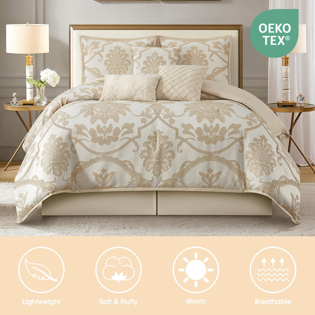 7 Piece Gold Comforter Set, Elegant Jacquard Floral Bed in a Bag, Microfiber Bedding All Seasons with Pillow