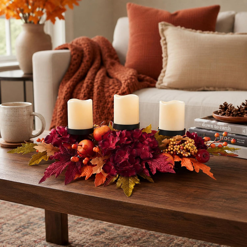 26 Inch Fall Candle Holder Centerpiece with Hydrangea and Apples | Three Candle Cups, Burgundy Hydrangea and Faux