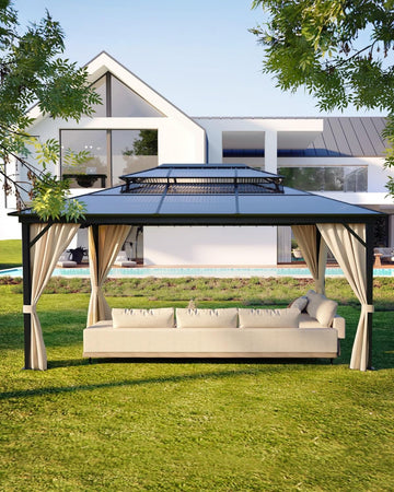 Hardtop Gazebo 12 ft x16 ft for All Weather, Double Polycarbonate Sheets Roof, Aluminum Alloy Frame, Net