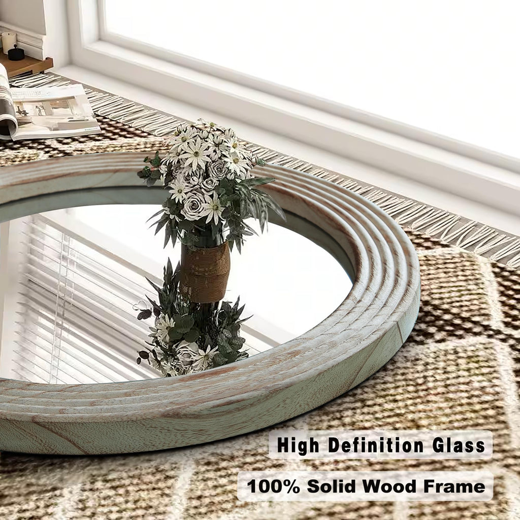 Round Mirror, Farmhouse Decor Solid Wood Frame Wall Circle Mirror, Decorative Mirrors Over Sink, Living Room
