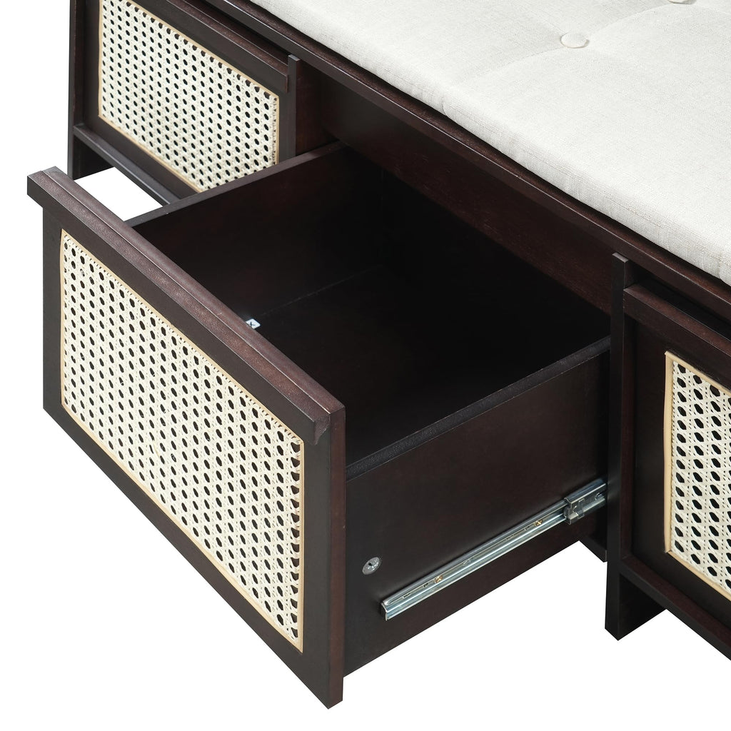 48" Shoe Storage Bench with Cushion, 2-Tier Entryway Bench with 3 Rattan Storage Drawers & Lift Top Storage, Retro