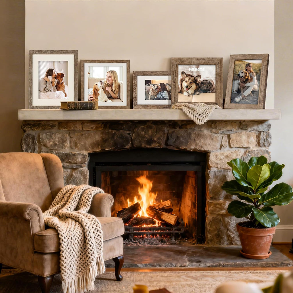 8x10 Picture Frames with 6x8 Mat Set of 6, Rustic Brown | Wood Grain Design, Wall Mounting or Tabletop Display, for