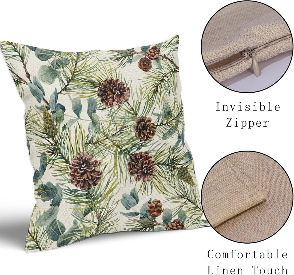Winter Floral Pillow Covers 18x18 Inch , Green Watercolor Flower Leaf Print Rustic Themed Christmas - Set of 2