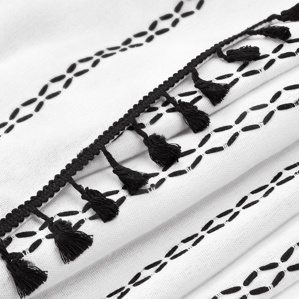Black and White Boho Shower Curtain, 72" W X 72" L | Farmhouse Linen Striped Fabric with Tassels