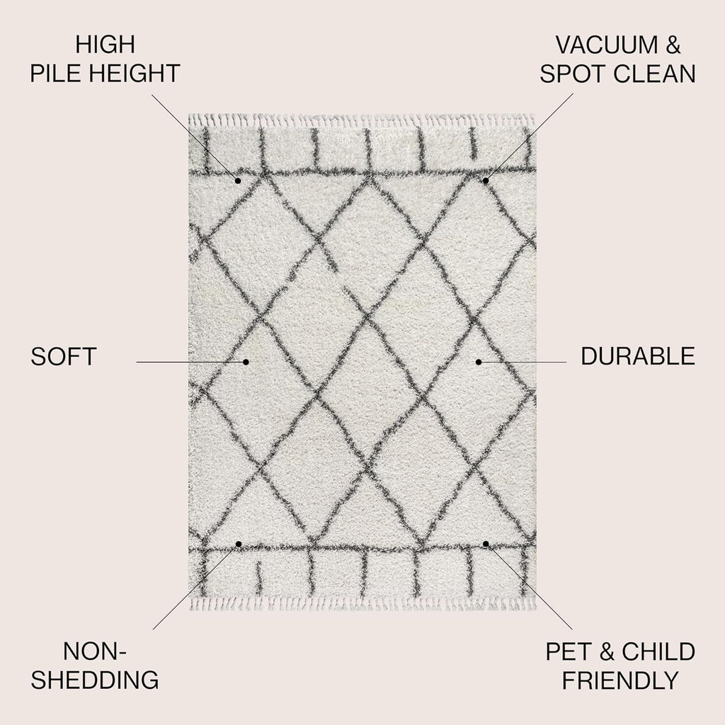 Mercer Shag Plush Tassel Ivory/Gray Indoor Area Rug, 3x5, Moroccan Geometric Trellis, Easy-Cleaning