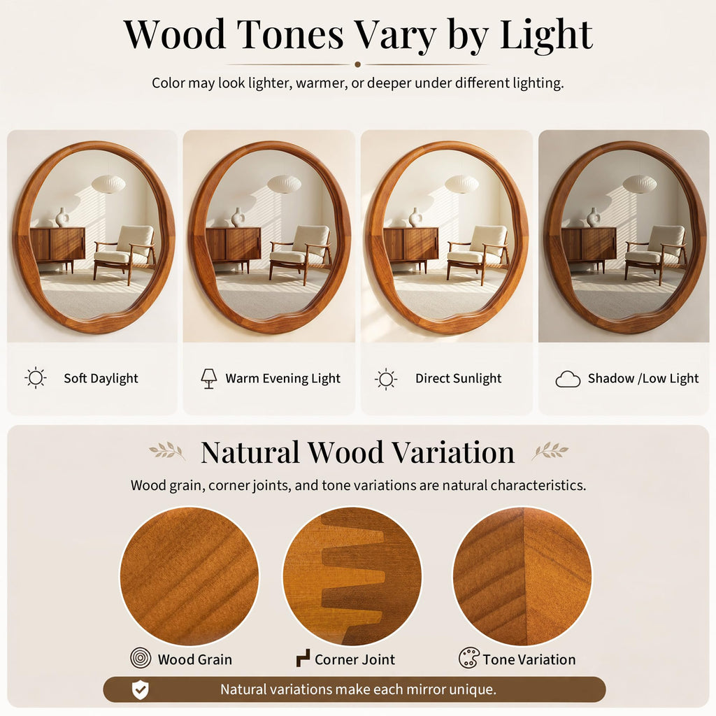 24 Inch Warm Walnut Round Wood Bathroom Mirror, Wavy Inner Edge