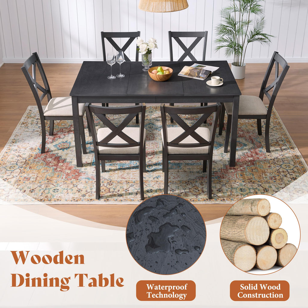 7-Piece Farmhouse Solid Wood Dining Table Set for 6, Grey & White