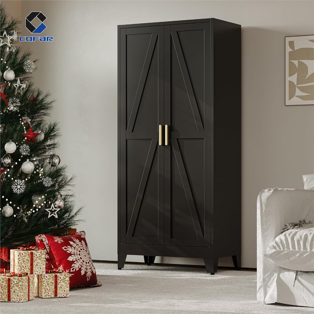 Wardrobe Closet with Doors, Metal Bedroom Armoire with Adjustable Hanging Rod and Shelves, Farmhouse Broom Closet