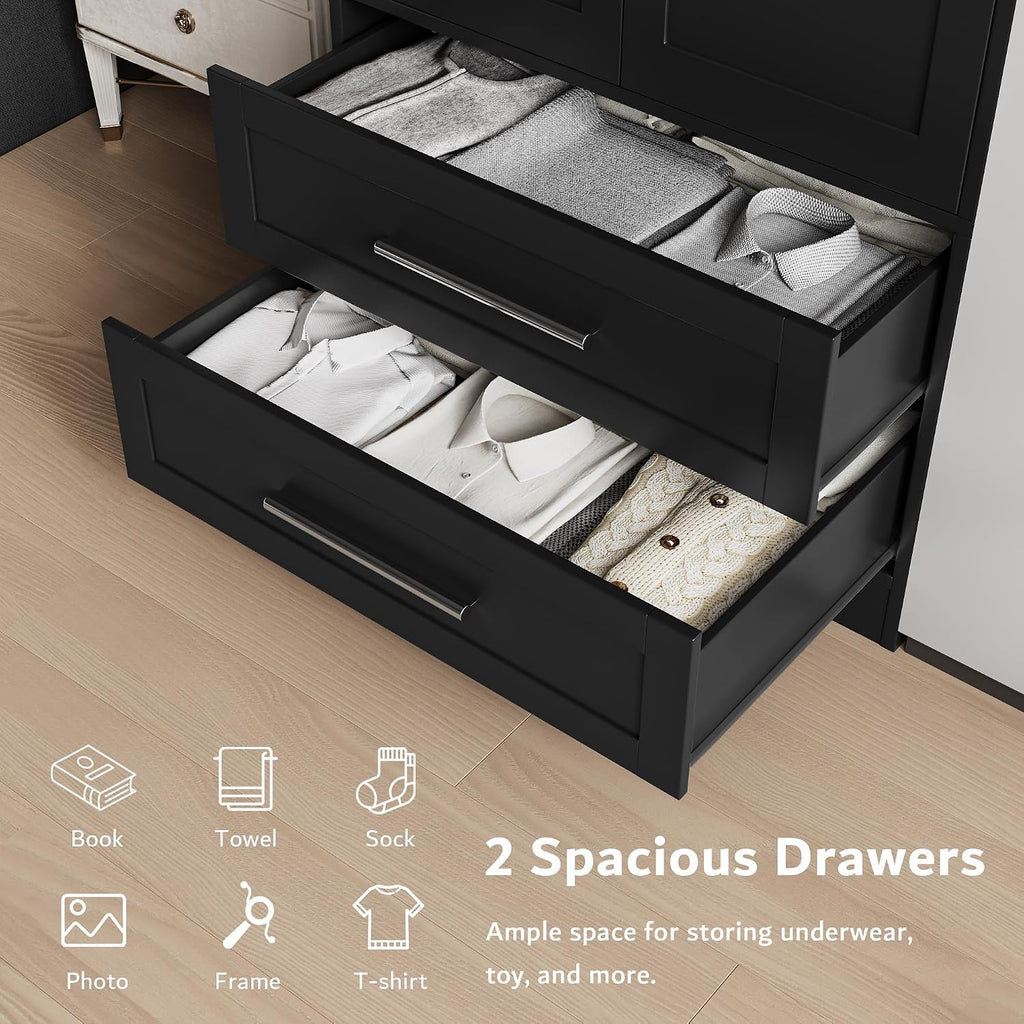 Wooden Armoire Wardrobe Closet with 2 Drawers, Clothing Storage Cabinet with Shelves Aluminum Hanging Rod, Wardrobe