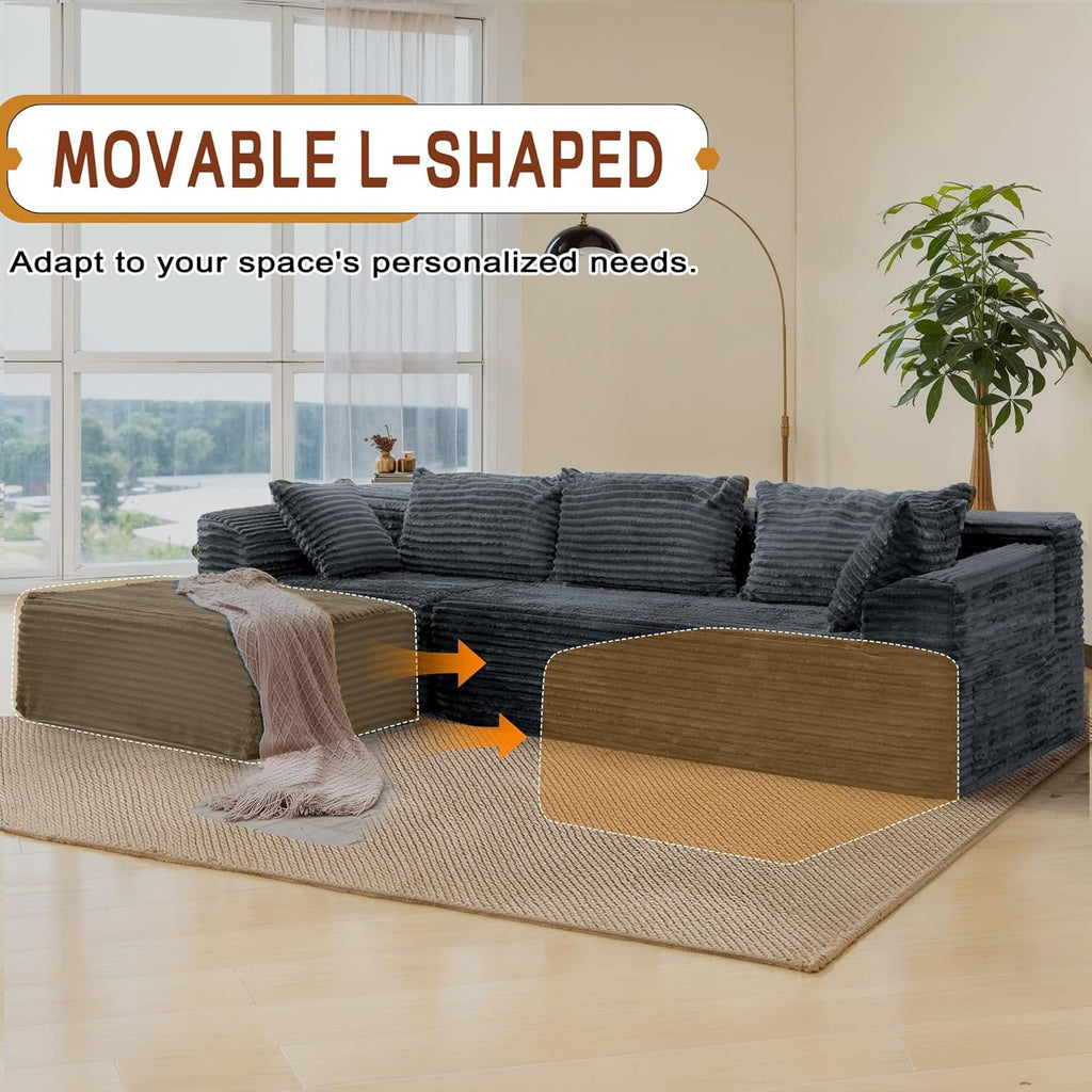 110" L-Shaped Modular Sectional Sofa with Chaise, Boneless Comfy Corduroy Fluffy Couch with Deep Seat and Side Pockets