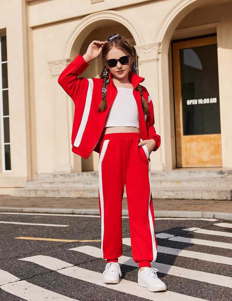 Girl's 2 Piece Outfits Zip Up Sweatsuit Contrast Striped Tracksuit