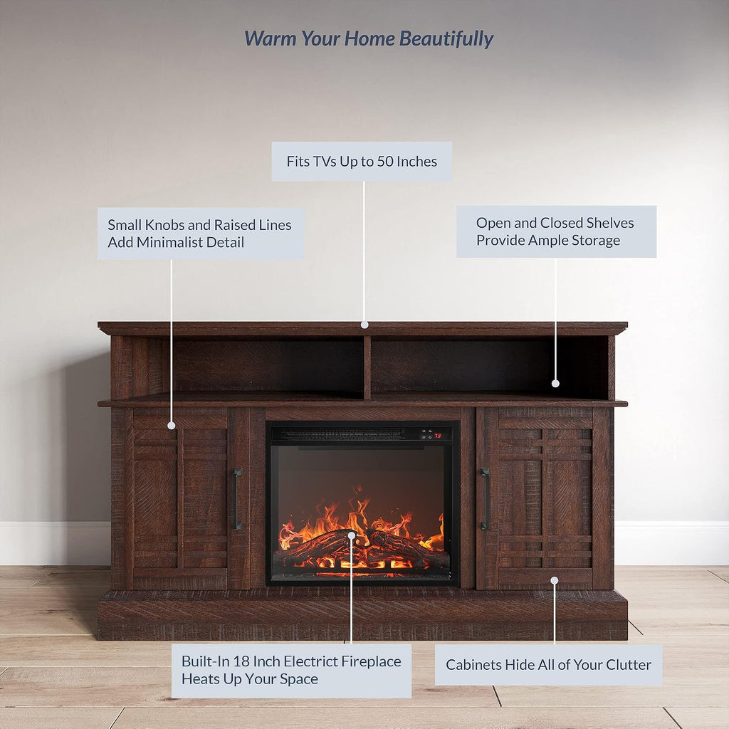 48" TV Stand with 18" Electric Fireplace Heater, Modern TV Stand for TVs up to 50", Entertainment Media Stand with