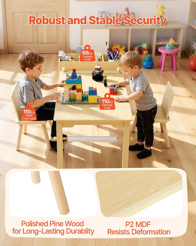 Kids Art Table and Chair Set, Toddler Activity Table with Storage, Wood Kids Craft Desk with Paper Roll for Drawing