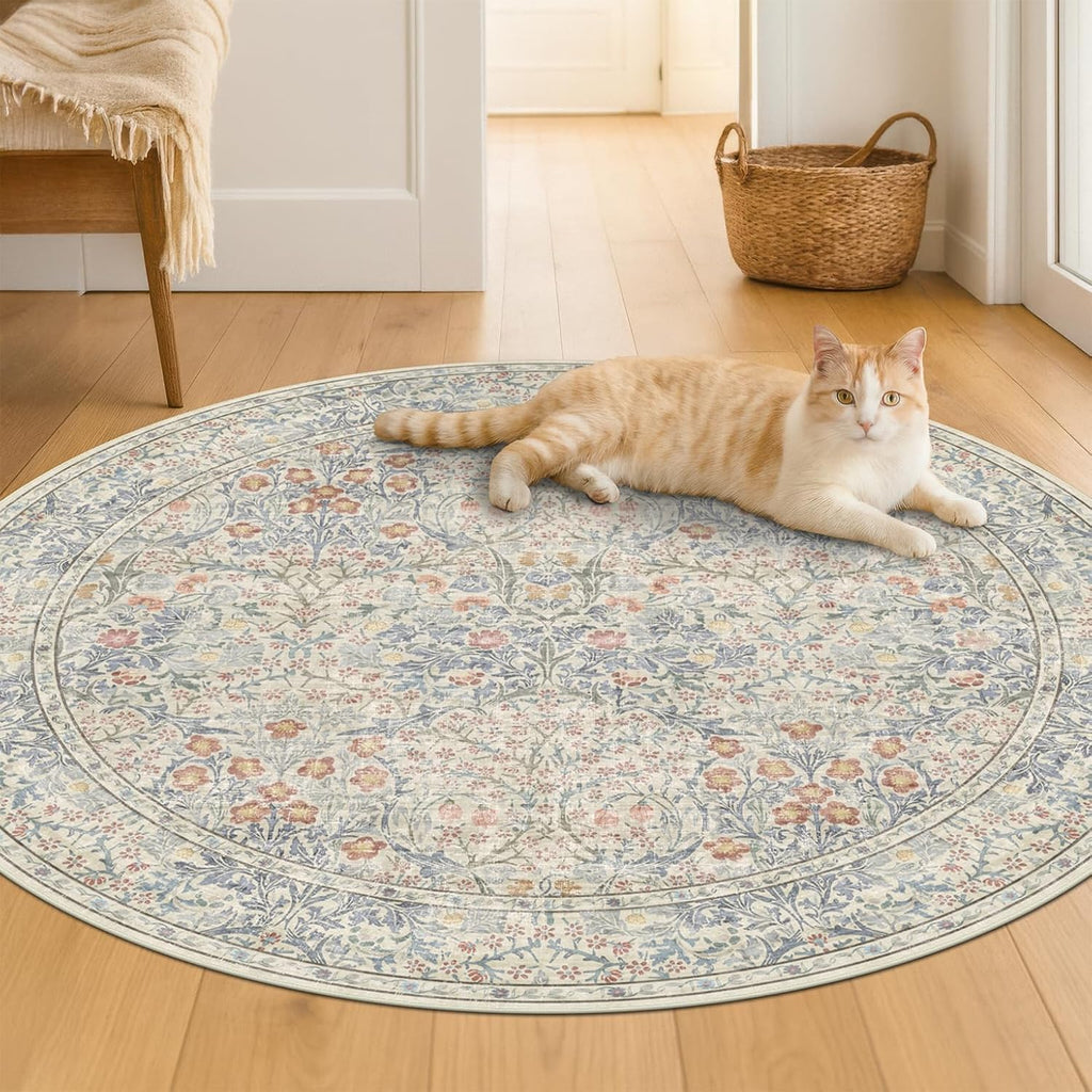 Beige Blue Round Nursery Rug 5ft - Pastel Circular 5x5 Rug