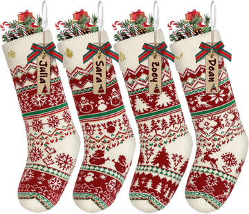 Knit Christmas Stockings with Patterns Reindeer, Tree, Snowflake, Snowman-4 Pack 18 Inch Large Knit Stockings - Set of 4