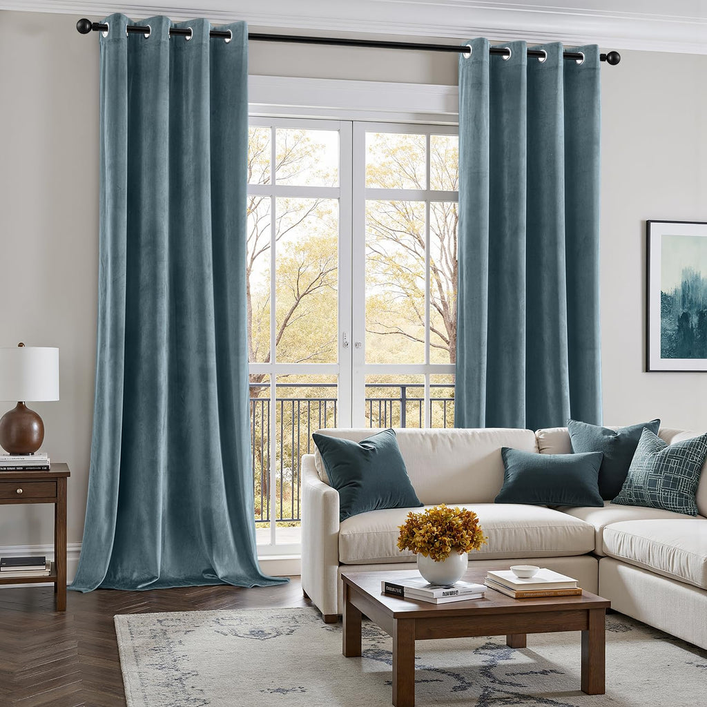 Grayish Blue Velvet Curtains 96 Inches Long 2 Panels