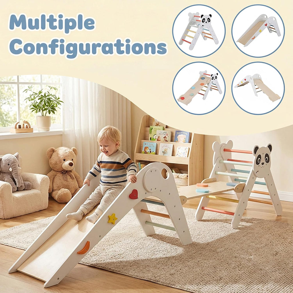 Triangle Set, Panda-Themed Montessori Toddler Climbing Toys Indoor with Ladder, Tunnel, Slide, Ramp, Fun Blocks