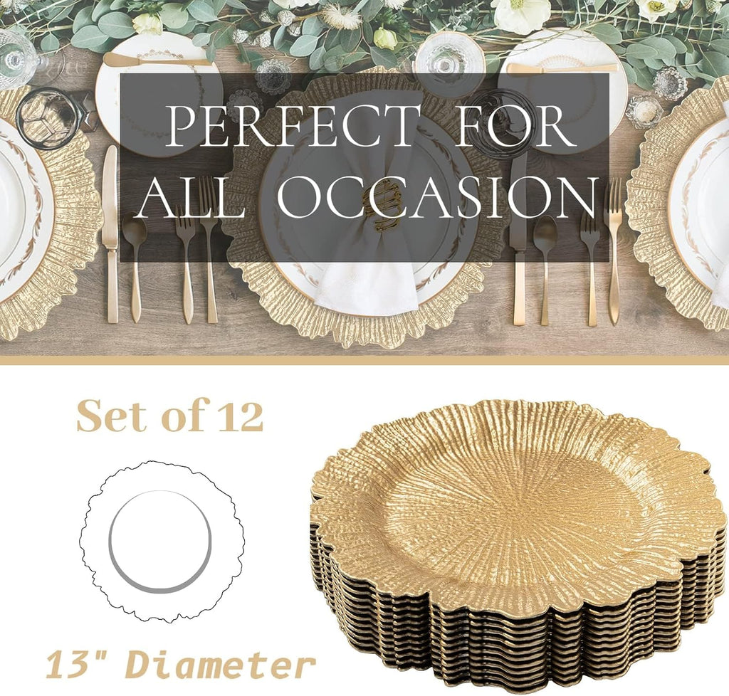 Gold Charger Plates, Reef Plate Chargers for Dinner Plate, Round Plastic Table Chargers for Thanksgiving - Set of 12