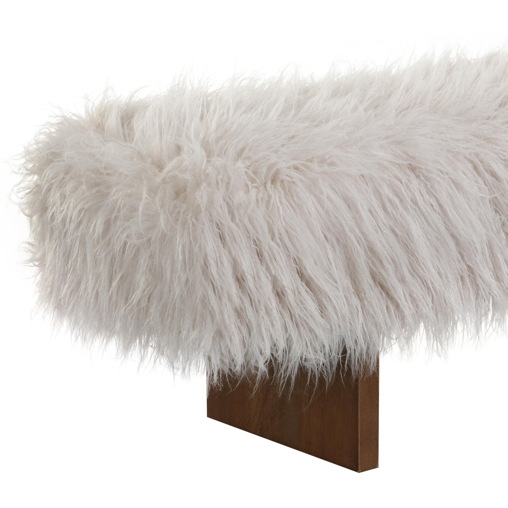 Lenka 67" Long-haired Faux Wool Bedroom Bench, Rubberwood Ottoman Bench, Spacious Seating, Long Footstool, Luxury