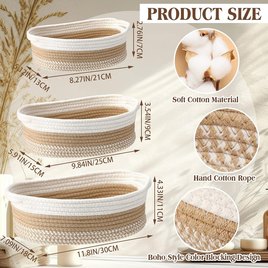 6 Pcs Boho Cotton Rope Storage Baskets for Organizing 3 Sizes Woven Shelf Basket Set Decorative Nesting Fabric Bins