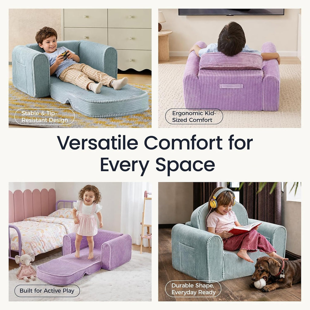 In-1 Foldable Kids Couch, Thick Foam Corduroy Sofa with Pocket