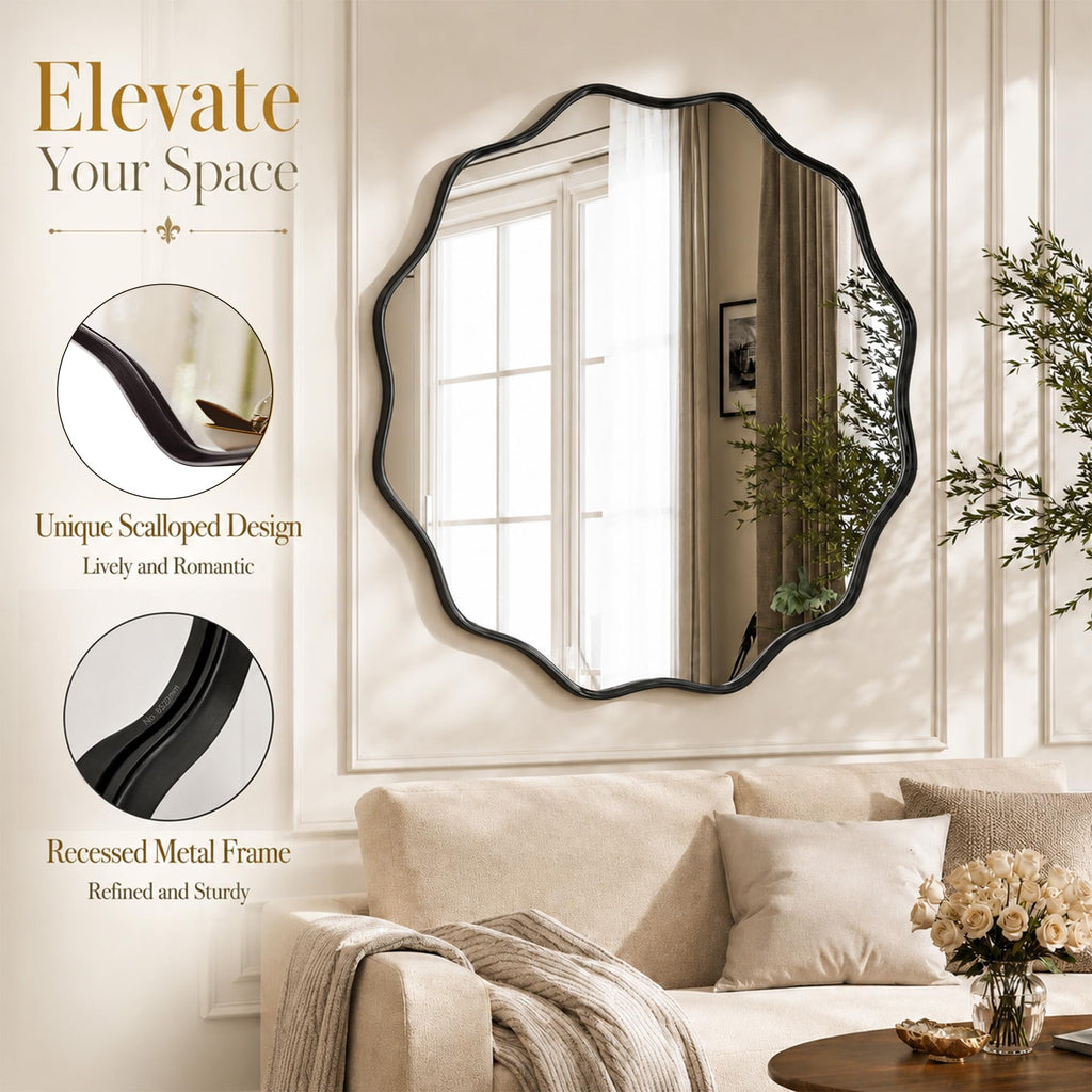 Black Scalloped Circle Mirror, 24" Wavy Edge Round Wall Mirror