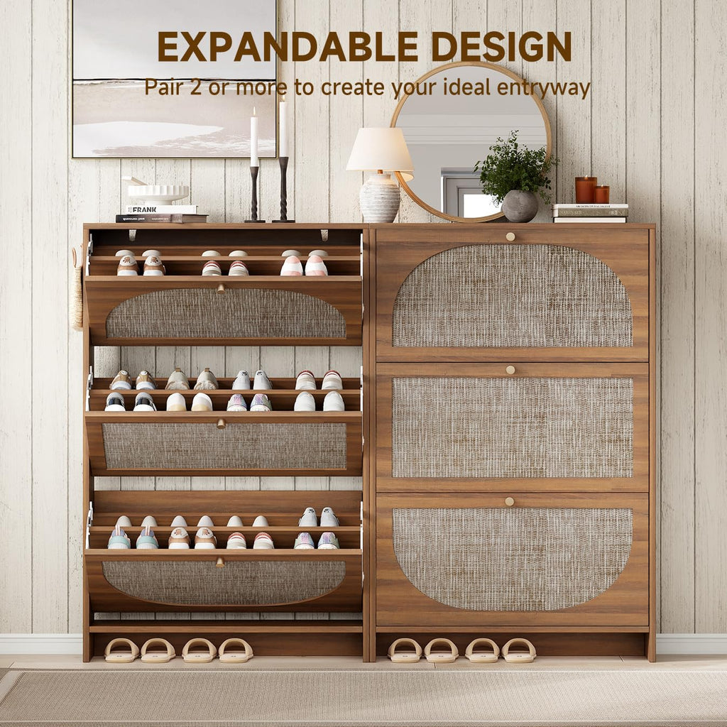 Shoe Storage Cabinet, Modern Walnut Shoe Cabinet with Tiered Fluted Design, 9.5" Slim Shoe Rack for Small Spaces