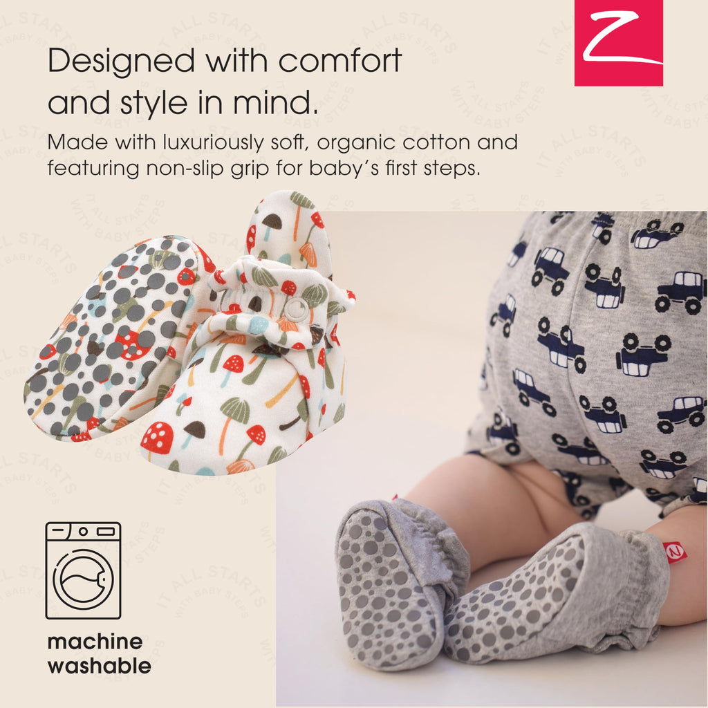 Organic Cotton Baby Booties With Gripper Soles, Soft Sole Stay-on Baby Shoes, Mushrooms