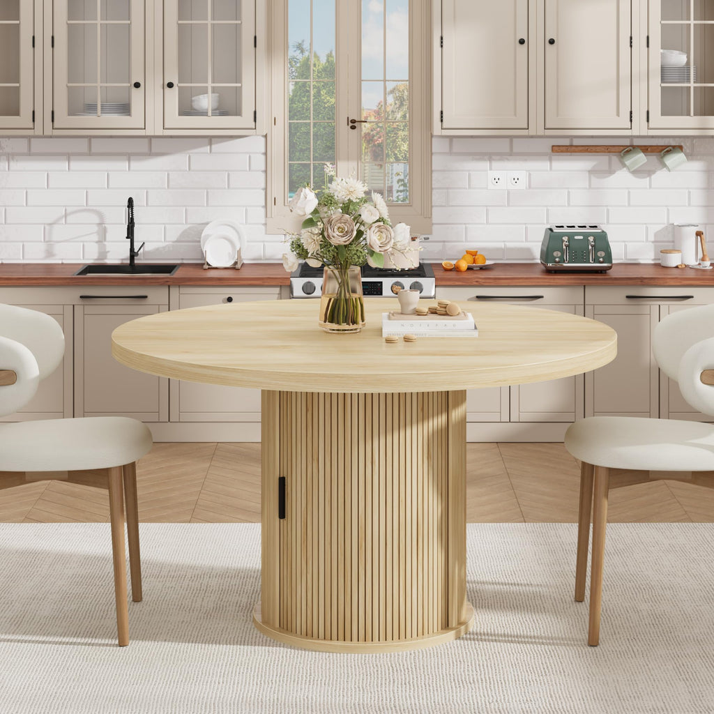 47 Inch Round Dining Table for 4, Kitchen Table with 2-Layer Storage Shelf and a Drawer, Farmhouse Circle Dinner