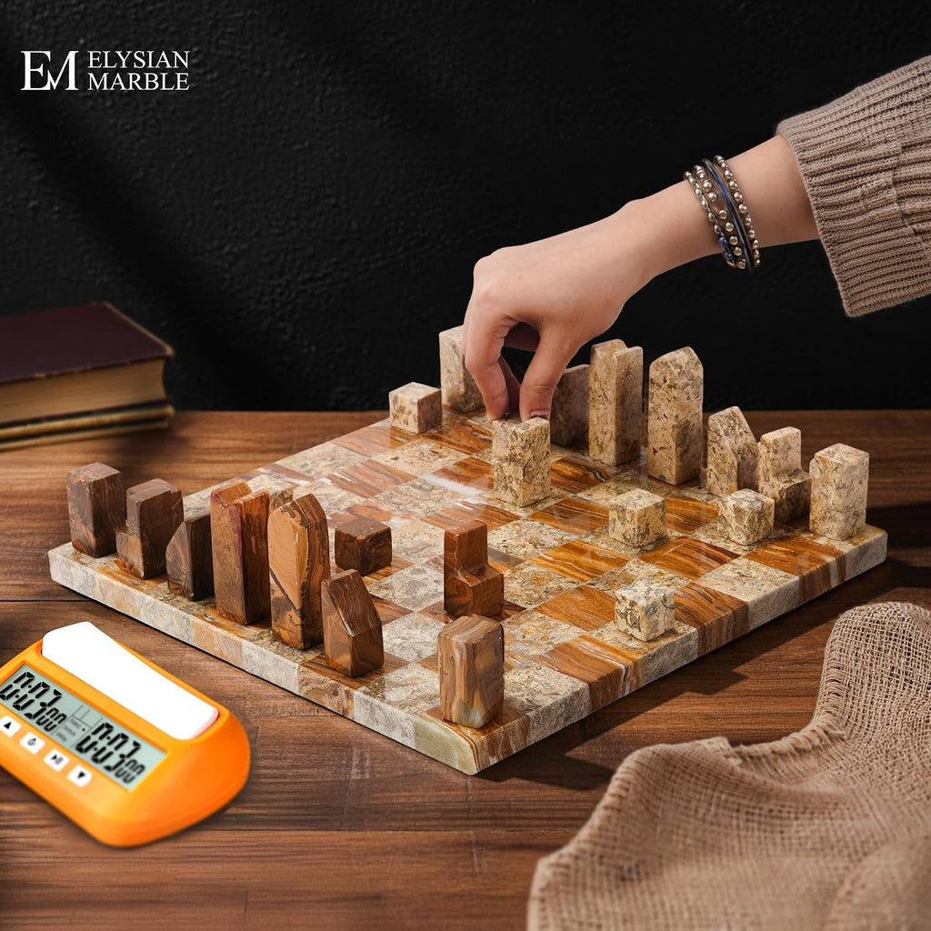 Modern Chess Set - Handcrafted Borderless Marble Chess Board with Minimalist Geometric Pieces, Luxury Decorative