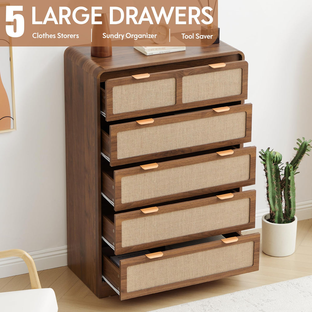 43" Tall 5 Drawer Dresser, Modern Wood Dresser, Walnut