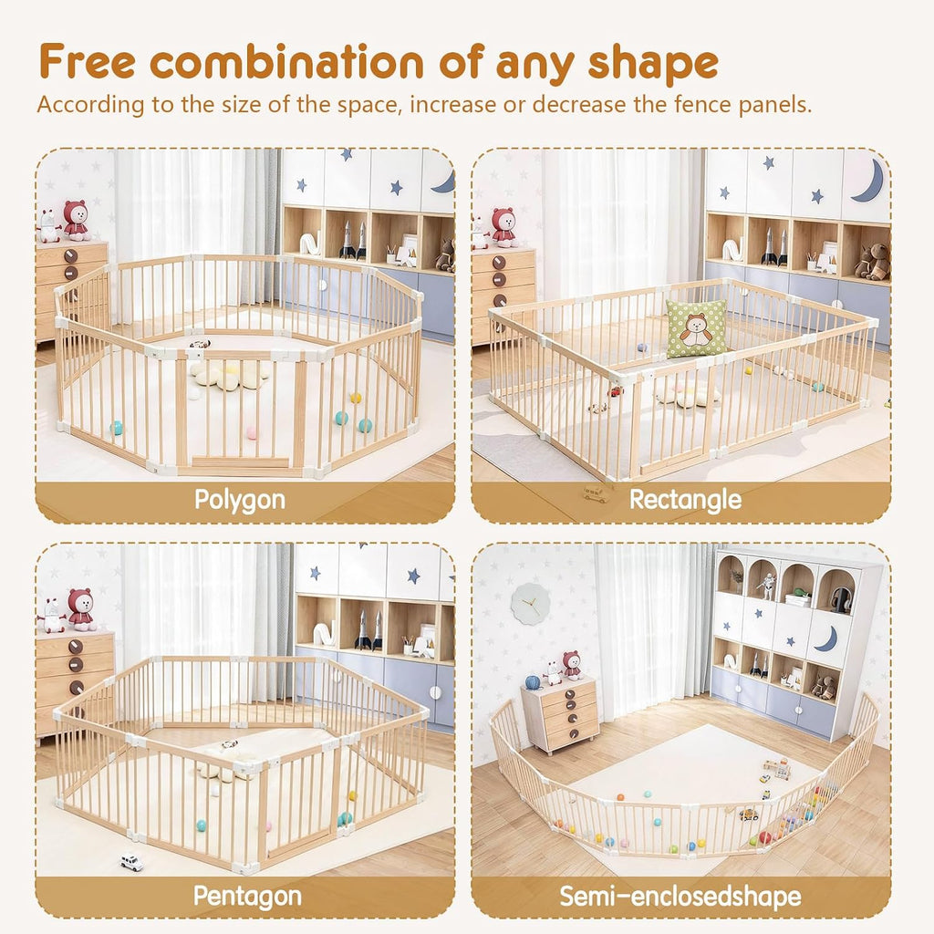 Baby Playpen, Foldable Wooden Play Yard with Gate | Adjustable Activity Center, Child Proof Lock, Expandable