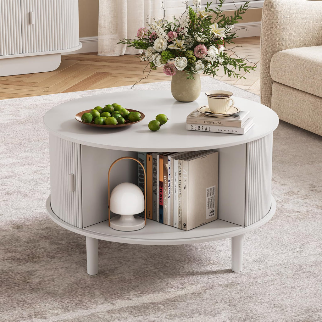 Fluted TV Stand and Coffee Table Set of 2, White