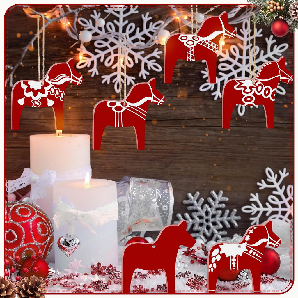Dala Horse Swedish Christmas Decorations 12 Pack, Wooden Scandinavian Christmas Ornaments Folk Style 3.15" Red White - Set of 12