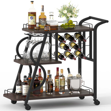 Rustic Bar Cart, 3 Tier Rolling Bar Carts for The Home, Industrial Home Serving Cart with Wine Glass Holder, Wood