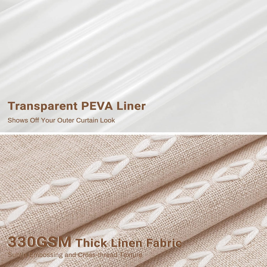 3 in 1 Tan Boho Linen Striped Shower Curtain with Liner, Taupe, 72x72 | Waterproof Clear PEVA Liner, 330GSM Heavy
