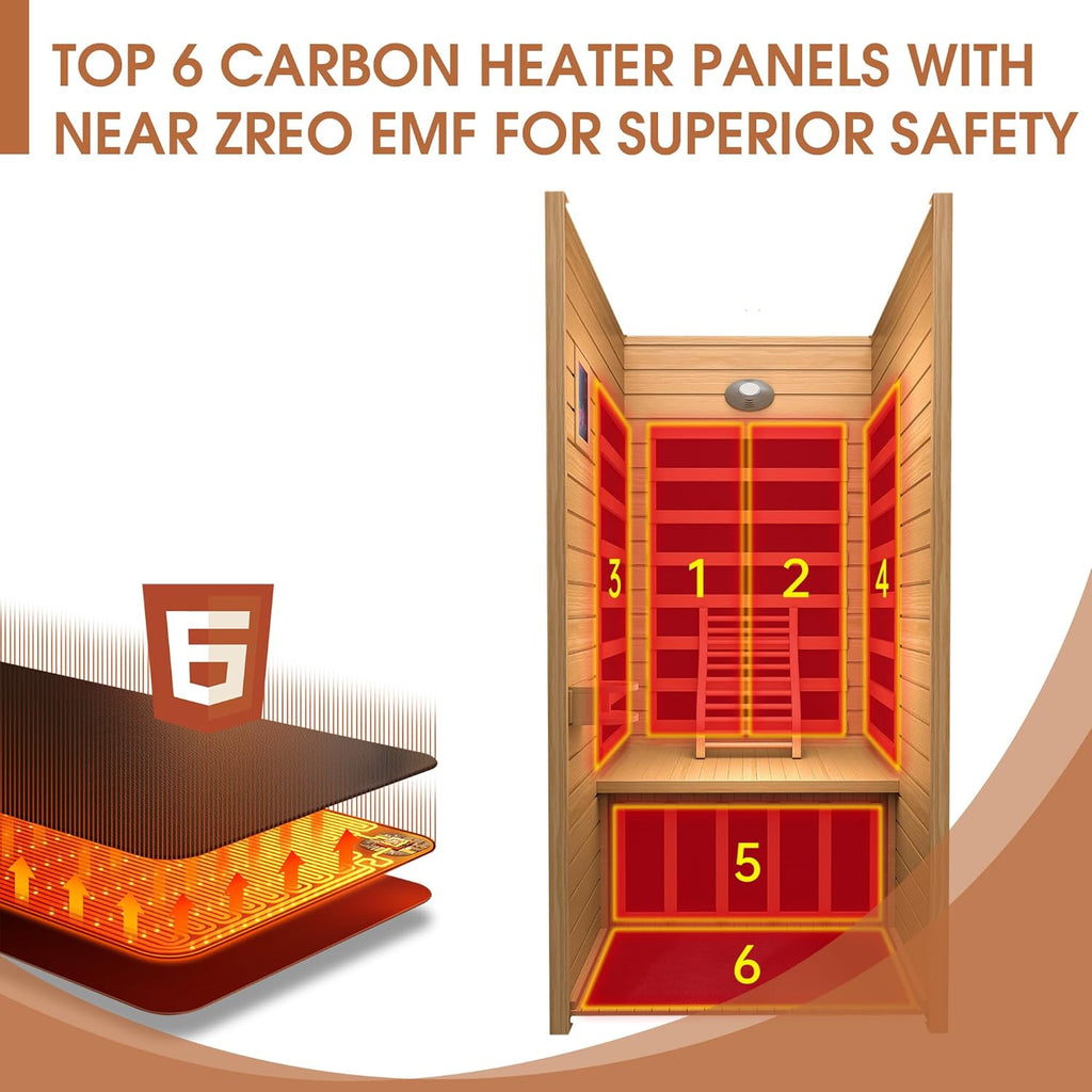 Springspa Far Infrared Sauna, Low EMF 1 Person Sauna, Indoor Canadian Hemlock Wood Home Dry Saunas Room with 1400W